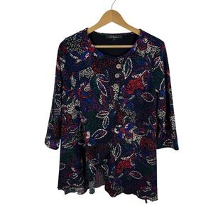 Calessa Floral Tunic Top Large Multicolor Artsy Boho Stretch Abstract Office
